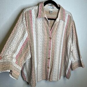 Maggie & Max Vintage Womens 2X Striped Pink Button Down Shirt 3/4 Sleeve Top